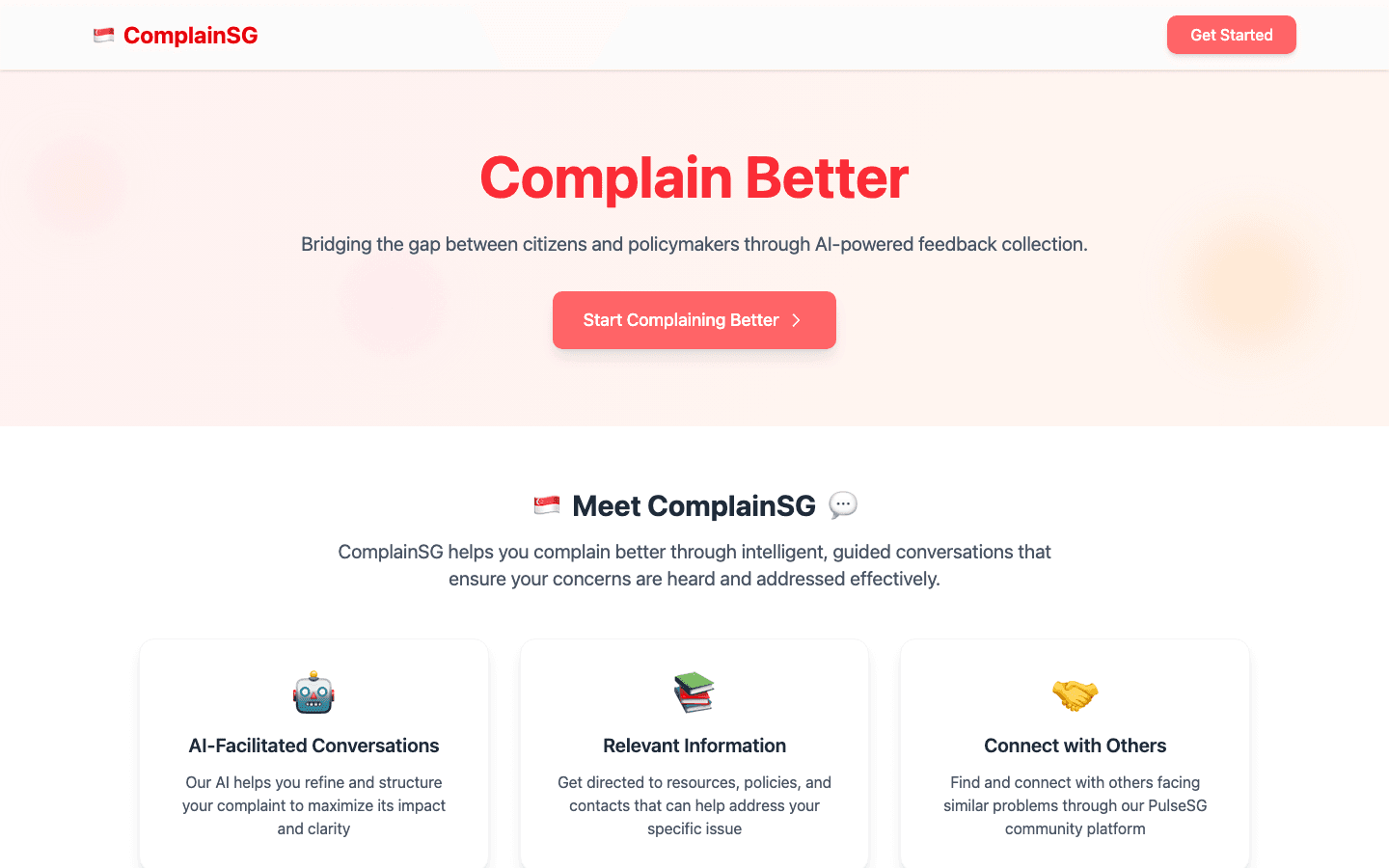The ComplainSG landing page: “Complain Better”
